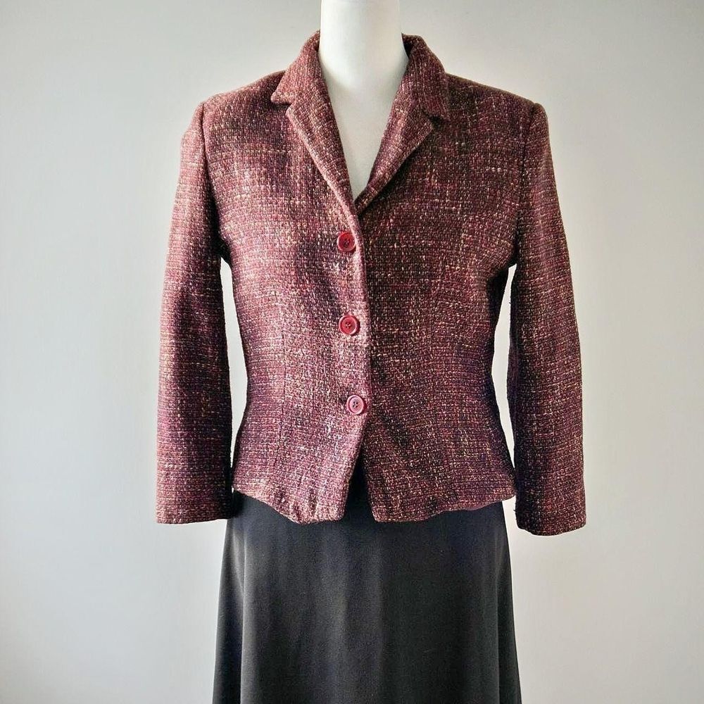 Vintage Petite Sophisticate Women's Burgundy Tweed Y2K Office Tailored Jacket
